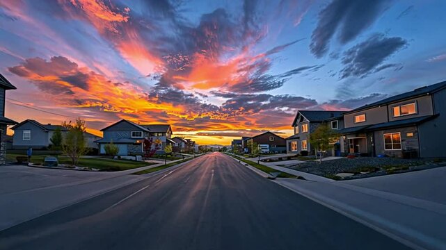 Classic dead-end street in a neighborhood lined with luxury two-story single-family homes under a dramatic and colorful sunset sky