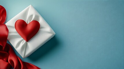 Fototapeta premium A red silk ribbon elegantly curled into the shape of a heart resting atop a pristine white gift box This romantic and sentimental scene evokes feelings of love affection