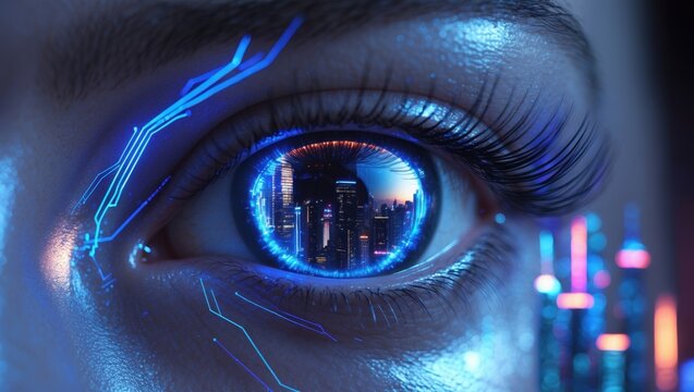 Advanced digital eye technology showcases a futuristic cityscape reflected in a human eye with glowing circuits at dusk