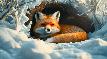 Fototapeta premium Fox curled up in a snow-covered den during winter, showcasing its vibrant fur and tranquil expression