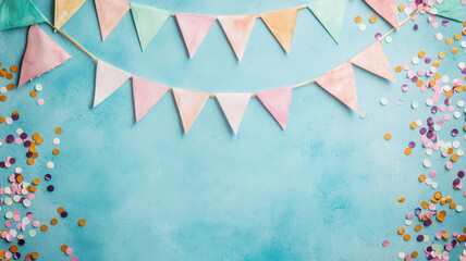Happy birthday bunting themed, Whimsical pastel bunting with colorful confetti on blue background
