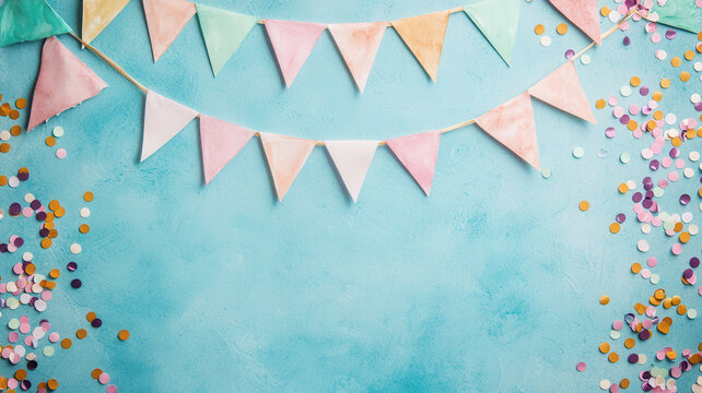 Happy birthday bunting themed, Whimsical pastel bunting with colorful confetti on blue background