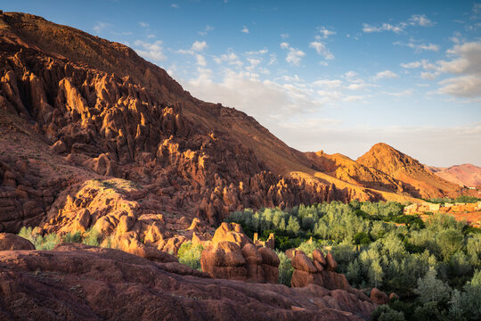 Monkey fingers rock formation, mountain and valley in the desert, Morocco