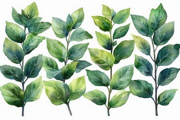 Fototapeta premium A collection of watercolor leaves showcasing various shades of green and leaf shapes.