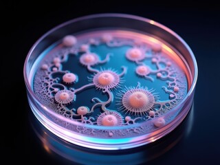 Delicate microorganisms displayed in a petri dish under vibrant lighting at a laboratory, showcasing intricate biological patterns and forms