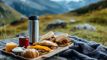 A mountain adventure fast food tray with thermos coffee and hearty sandwiches