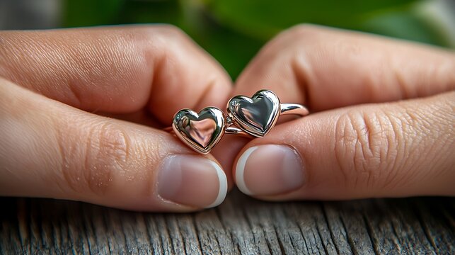 Close up of two hands with interlocked fingers each adorned with a heart shaped ring symbolizing love engagement and commitment in a romantic relationship - Powered by Adobe