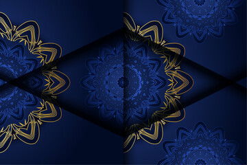 Symmetrical Floral Mandala: Layers of Blue and Gold Motif in Elegant Detail Design 