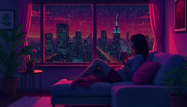 woman sitting on the sofa at night