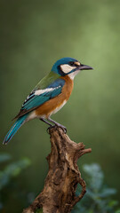 Colorful bird with blue head, orange chest, perched on wooden stump Generative AI