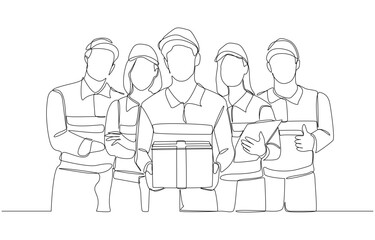 Continuous one line drawing of delivery service staffs standing in confident pose, shipping company, logistics business concept, single line art