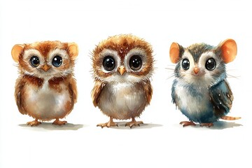 Three adorable, cartoon-style creatures with big eyes and fluffy bodies.