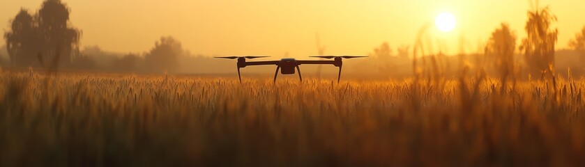 Naklejka premium Drone soaring over golden grasslands, a breathtaking aerial perspective of agricultural innovation