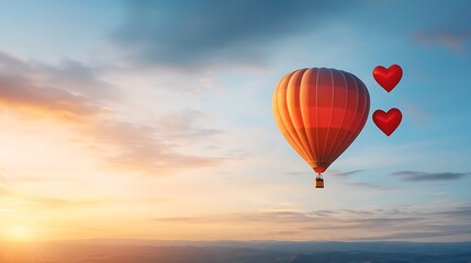 Fototapeta premium Drifting in the Sunset Sky A Couple s Enchanting Hot Air Balloon Ride Amidst the Majestic Landscape