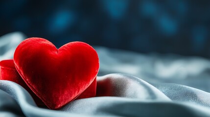 Elegant red velvet heart shaped box softly placed on luxurious satin cloth creating a romantic intimate and cozy atmosphere perfect for special occasions like Valentine s Day anniversaries