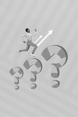 Creative 3d photo collage artwork graphics painting of questioned purposeful lady running fast up isolated drawing background