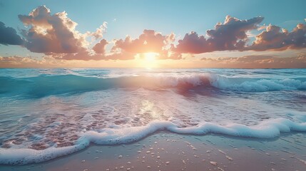 An artistic depiction of a summer sunrise over the ocean, with calm waves and bright, warm colors.