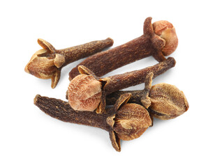 Dry clove buds on white background. Aromatic spice