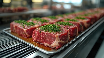 Close-up of raw meat products in a meat factory, detailed and professional