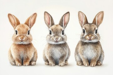 Obraz premium Three adorable, realistic rabbits in a row, showcasing different fur colors and textures.