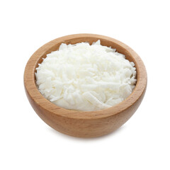 Soy wax in wooden bowl isolated on white