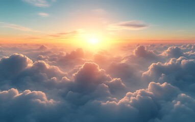 Aerial sunset view above fluffy clouds.