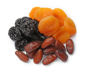 Mix of different dried fruits isolated on white, top view