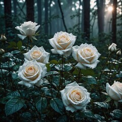 White roses with glowing edges in a magical forest.