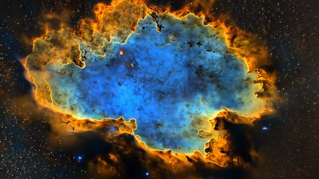 Vivid nebula with bright blue core and surrounding fiery orange edges captured in deep space