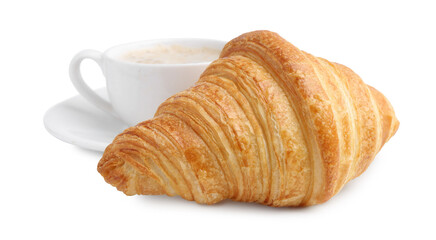 Tasty fresh croissant and cup of coffee isolated on white. Puff pastry