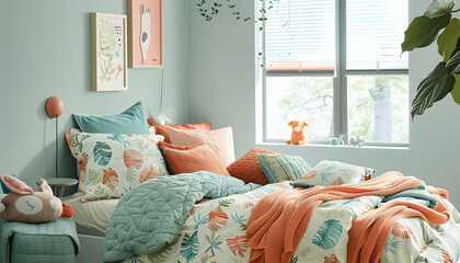 Child's Room Illustration Teal and Coral Bedding