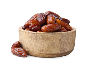 Tasty dried dates in wooden bowl isolated on white