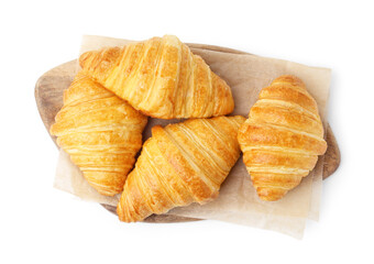 Tasty fresh croissants isolated on white, top view. Puff pastry
