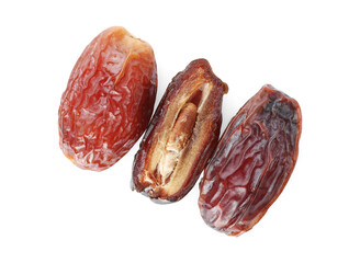 Three tasty dried dates isolated on white, top view
