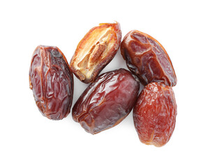 Many tasty dried dates isolated on white, top view