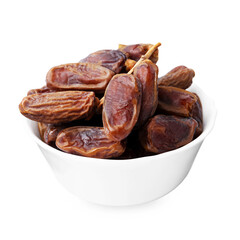 Tasty dried dates in bowl isolated on white