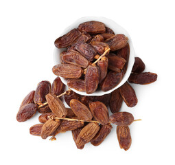 Many tasty dried dates isolated on white, top view