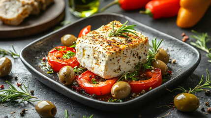 Grilled Feta Cheese with Roasted Peppers and Olives