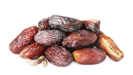 Many tasty dried dates with seeds isolated on white
