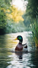Fototapeta premium Cute Duck Drifting on a Calm River