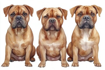 Obraz premium Three seated dogs with similar expressions and colors, showcasing their breed characteristics.