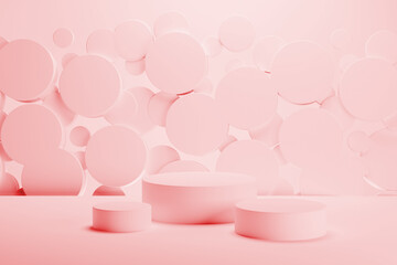 Three light pink round podiums on abstract stage mockup. Soft shining flying circles decor. Template 3D illustration modern scene for presentation cosmetic products, goods, branding, sale, display.