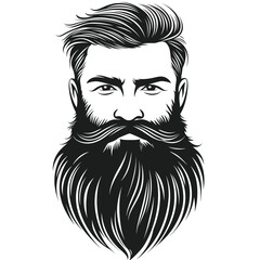 Black and white illustration of a bearded man with slicked-back hair.