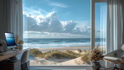 An exclusive room with windows to ocean and beach with a office desk.