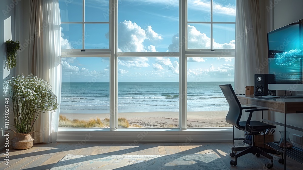 Poster an exclusive room with windows to ocean and beach with a office desk.