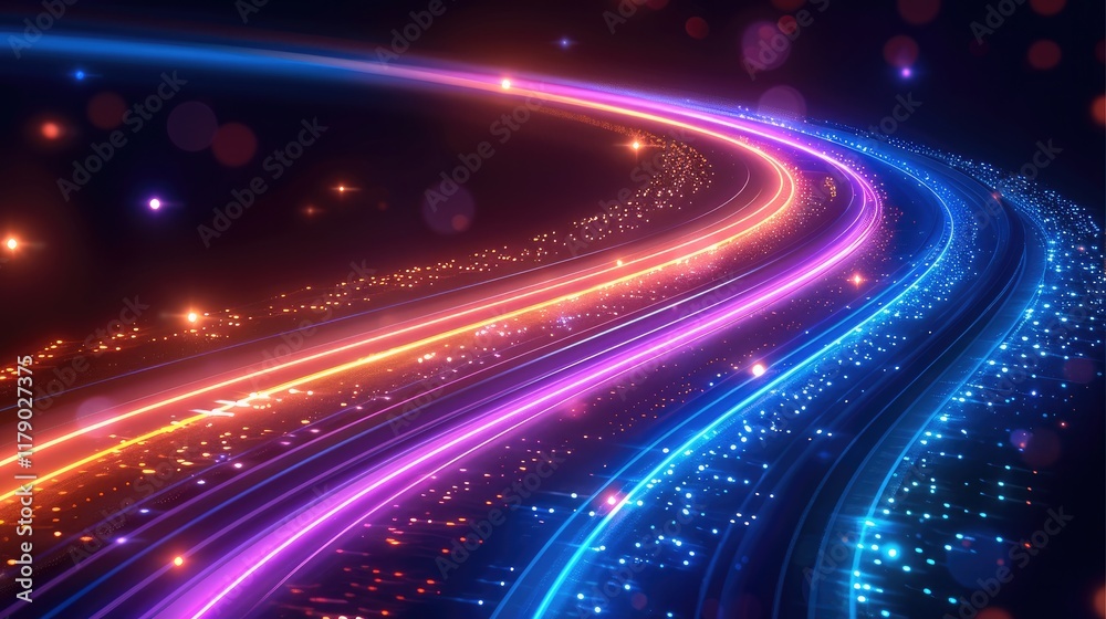 Poster abstract light speed and motion background with blurred trails of lights in blue, purple, orange, an