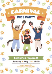 Fototapeta premium Kvadrober kids event. Kids in animal masks jump, carnival, birthday party invitation, people imitate pets, wild fauna, poster design, happy friends, cartoon isolated illustration, tidy vector concept