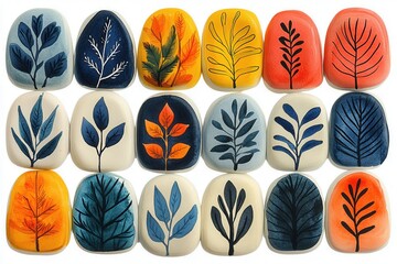 A collection of painted stones featuring various leaf designs in vibrant colors.