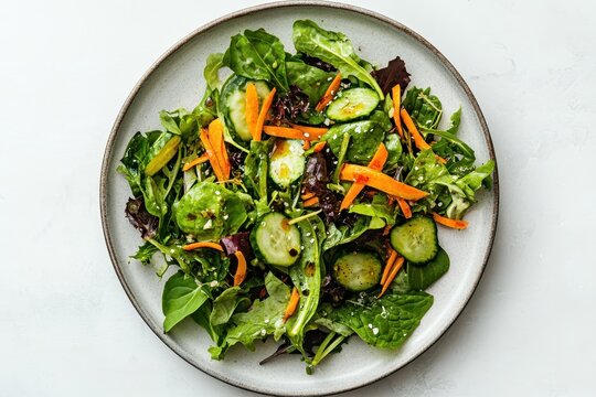 Fresh mixed greens salad with carrots, cucumbers, dressing, bright background, healthy eating