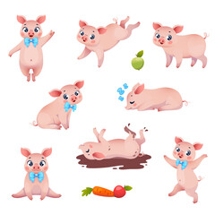 Cute little pink pigs. Cartoon farm animals characters, different actions, poses and emotions, funny kids pet mascot, sticker pack. Domestic mammals, childish creature, vector isolated set